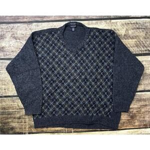 VTG Gant Sweater Mens Large Lambswool Hand Intarsia Geometric V-Neck Pullover